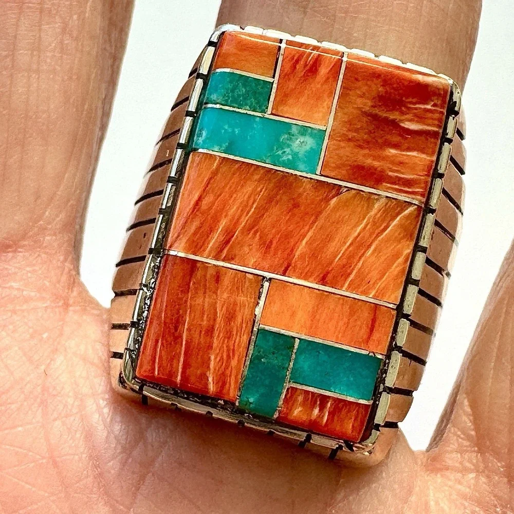 Turquoise Multi Stone Inlay Mens Ring Sz 13 Navajo Sterling Signed T Jack 22mm